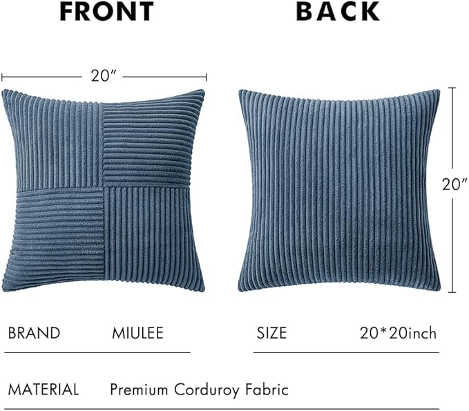 MIULEE Blue Corduroy Pillow Covers Pack of 2 Boho Decorative Spliced Throw Pillow Covers Soft Solid Couch Pillowcases Cross Patchwork Textured Cushion Covers for Living Room Bed Sofa 20x20 inch