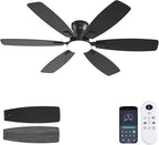 Ceiling Fans with Lights, 52 Inch Low Profile Ceiling Fan with Light and Remote Control, Flush Mount, Reversible, 3CCT, Dimmable, Quiet, Black Ceiling Fan for Bedroom Indoor/Outdoor Use