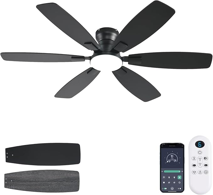 Ceiling Fans with Lights, 52 Inch Low Profile Ceiling Fan with Light and Remote Control, Flush Mount, Reversible, 3CCT, Dimmable, Quiet, Black Ceiling Fan for Bedroom Indoor/Outdoor Use