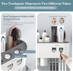 Toothbrush Holders Wall Mounted, Toothbrush Holder with Automatic Toothpaste Dispensers, 6 Brush Slots, 2 Magnetic Cups,1 Cosmetic Drawer Organizer and 1 Large Storage Tray