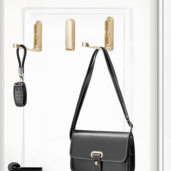 4Pcs Folding Coat Hooks, Zinc Alloy Folding Wall Hook for Hanging Coat Scarf Hat Robe Key Purse, Foldable Invisible Hook with Screws (Gold)