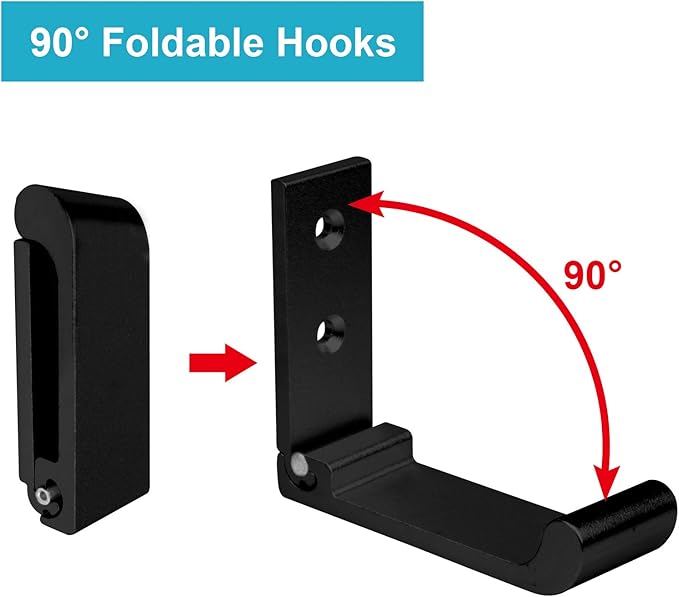 heneng 10 Pcs 2" x 2" Aluminium Alloy Slight Foldable Hook, Black Solid Hooks, Max Load 44lbs, 1/8" Thick