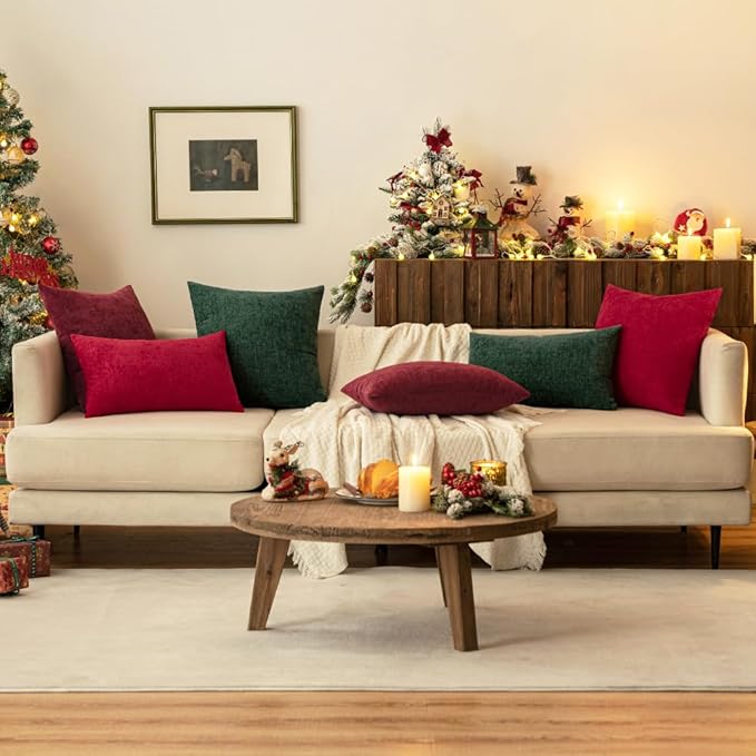 MIULEE Pack of 2 Christmas Green Throw Pillow Covers 12x20 Inch Soft Chenille Pillow Covers for Sofa Living Room Couch Solid Dyed Cases