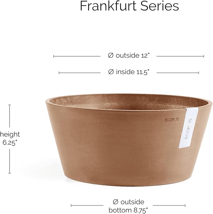 Ecopots Frankfurt Durable Modern Round Indoor/Outdoor Recycled-Based Composite Flower Pot Planter, Terracotta Color, 12"