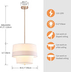 Shrine Lighting Double Drum Chandelier, Modern Drum Pendnat Light for Dining Room, D15.7'' x H11'', Adjustable 47'', E12*4 Sockets, White Fabric Lampshade & French Gold Finish Frame