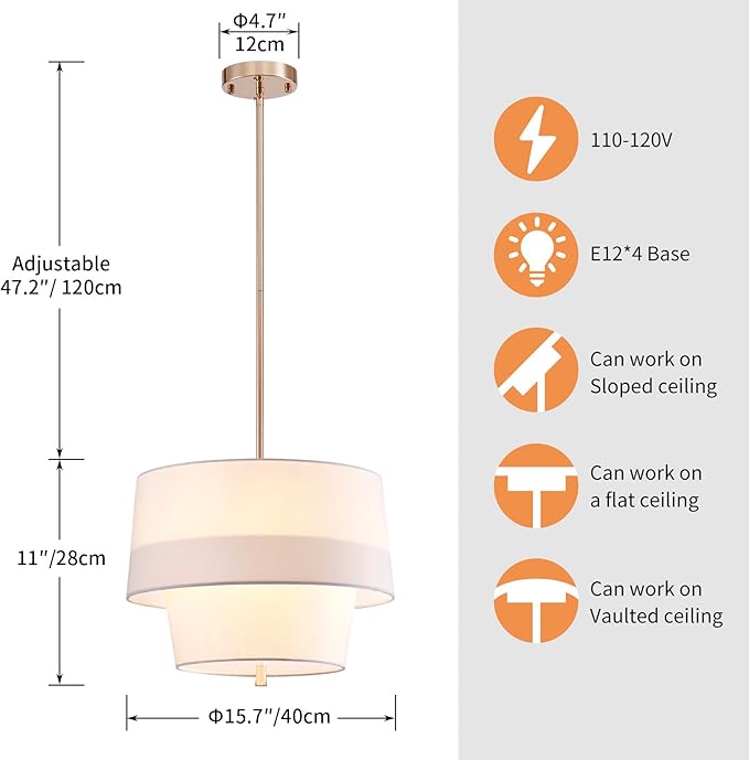 Shrine Lighting Double Drum Chandelier, Modern Drum Pendnat Light for Dining Room, D15.7'' x H11'', Adjustable 47'', E12*4 Sockets, White Fabric Lampshade & French Gold Finish Frame