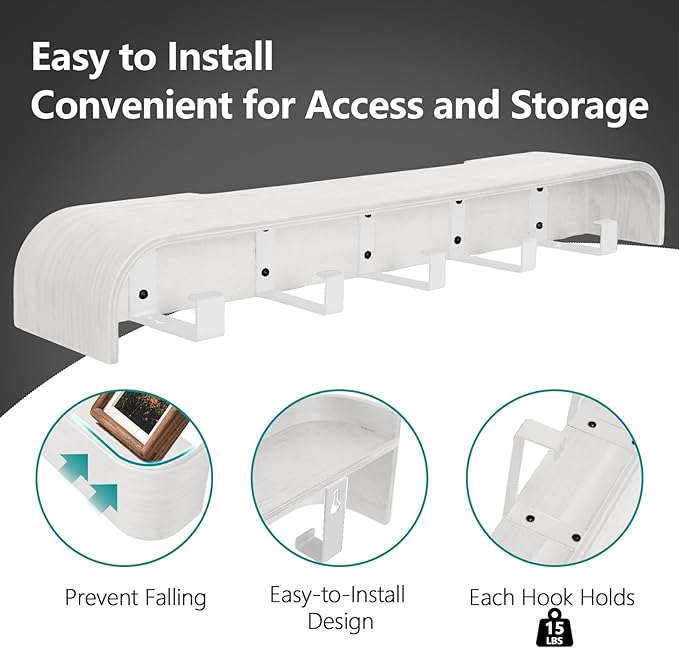 Coat Rack Wall Mount with Hidden Hooks Entryway Hanging Shelf Modern Wood Coat Hanger for Bedroom Kitchen Hallway Bathroom (White,20.9 Inch Long)