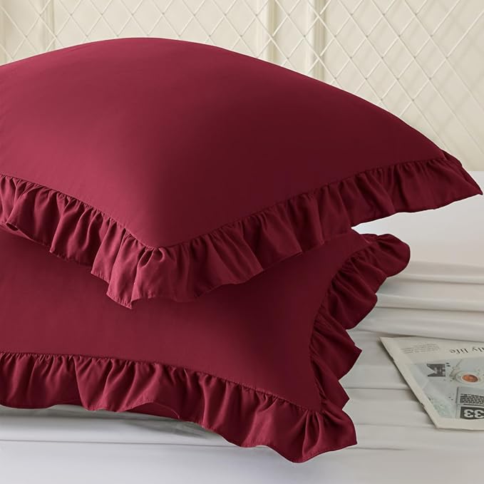 KKJIAF Ruffle Pillow Cases 18x18 Inches, Burgundy Square Ruffled Pillow Covers Set of 2, Microfiber Wrinkle Resistant Pillow Shams with Envelope Closure for Sofa Bed Living Room