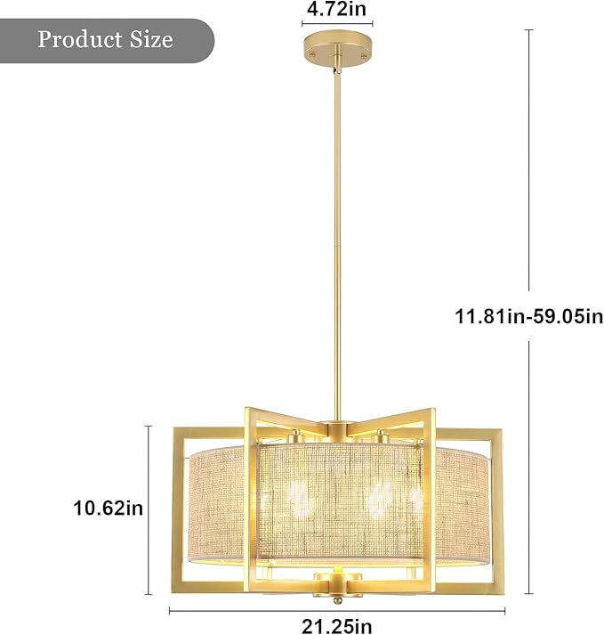 ALISADABOY Sprayed Gold Chandelier for Dining Room 21.25’’ Modern Farmhouse Geometric Drum Chandelier Industrial 6 Light Pendant Light Fixtures for Kitchen Island Entryway Foyer Hallway