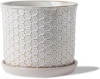 5.8 Inch Plant Pot: Ceramic Planter with Drainage Hole & Saucer - Flowerpot for Indoor & Outdoor Plants with Separate Tray for Home & Office - Honeycomb Design, Cream White