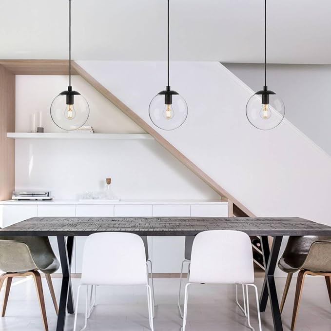 XiNBEi Lighting 8 inch Globe Pendant Lighting Kitchen Island, Modern Industrial Black Pendant Light with Clear Glass Adjustable Hanging Light Fixture for Dining Room XB-P1259-MBK