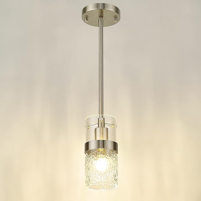LMS Brushed Nickel Pendant Lights Kitchen Island 2 Pack, Modern Glass Pendant Light Fixtures with Hammered Glass, Adjustable Mini Hanging Light for Kitchen Island Sink Bathroom, LMS-171BN2