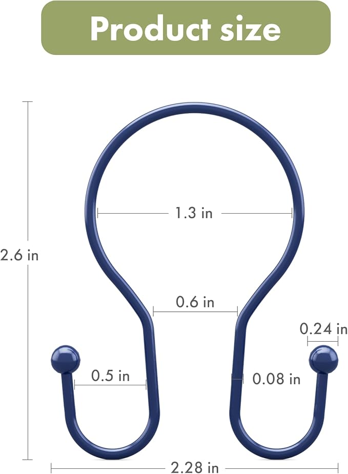 AmazerBath Shower Curtain Hooks Blue Shower Curtain Rings, Simple Double Hook Shower Curtain Hooks Rust Proof, Smooth Sturdy Metal Shower Hooks for Shower Curtain Rod, 12 Pcs Shower Rod Hooks