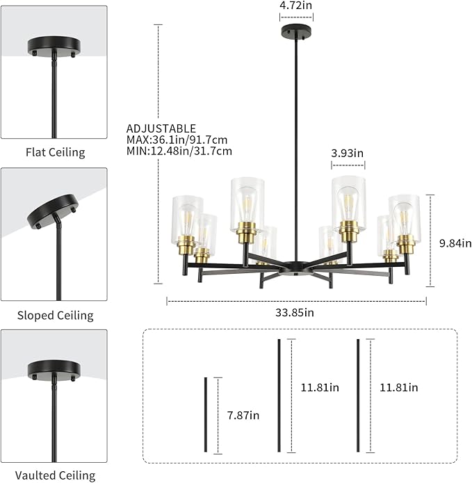 Black Chandeliers for Dining Room, Farmhouse Chandeliers 8 Light Dining Room Light Fixture with Clear Glass Shades Gold Pendant Lighting for Kitchen Island Living Room Entryway Staircase