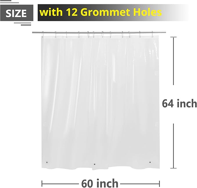 Short Clear Shower Curtain Liner 60x64, 12 Grommet Holes Plastic RV Shower Curtain 64 Inch Length with Magnets, Clear, 60x64
