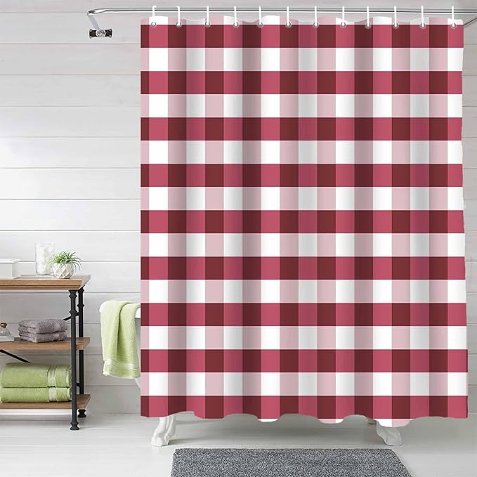 Christmas Shower Curtain, Rustic Burgundy White Buffalo Check Plaid Pattern Shower Curtains Set with Hooks, Farmhouse Waterproof Fabric Bathroom Curtains Decor Home Accessories,72 X 84 Inch Extra Long