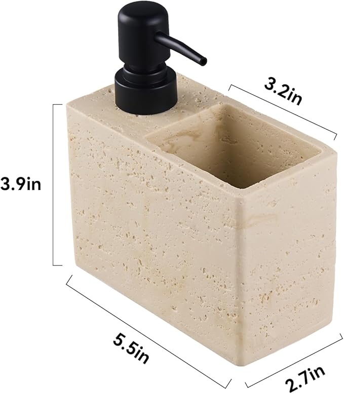 Beige Travertine Soap Dispenser with Sponge & Brush Holder – Hand & Dish Resin Soap Pump Bottle for Kitchen & Bathroom, 2-in-1 Countertop Organizer, with 2 Natural Sponges (Luxury Home Decor)