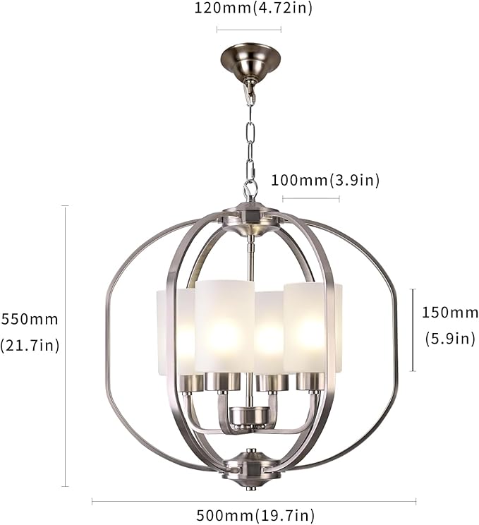 BOZO 20" Globe Chandelier Brushed Nickel Dining Room Lighting Fixtures 4 Light Modern Orb Chandeliers Ceiling Hanging Foyer Pendant Lighting Frosted Glass Shades