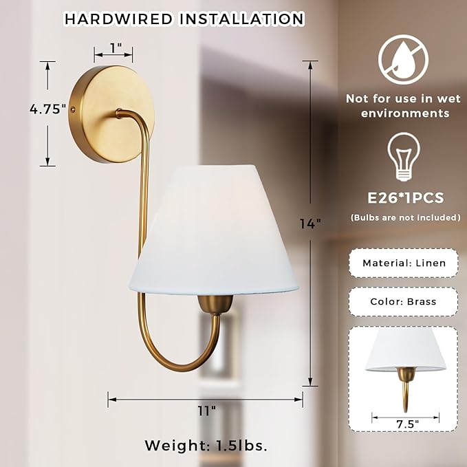 Vintage White Linen Shade Single Wall Sconce, Antique Brass Pole Retro Swoop Wall Sconce, Elegant Metal Light Fixture for Bedroom, Living Room,Beside The Mirror