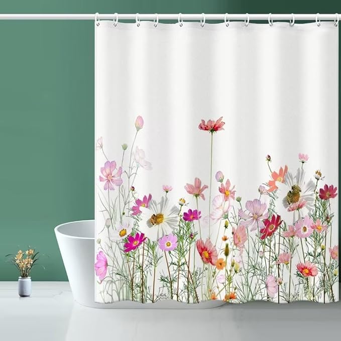 Floral Shower Curtain - 72"W x 84"L, with 12 Hooks, Hem Weighted Bathtub Curtain for Bathroom