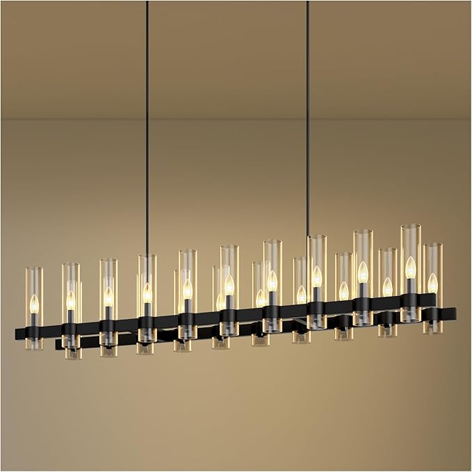 Black Linear Chandelier, 68 Inch 20-Lights Modern Kitchen Island Dining Room Over Table Light Fixture, Industrial Farmhouse Large Pendant Lighting with Glass Shade