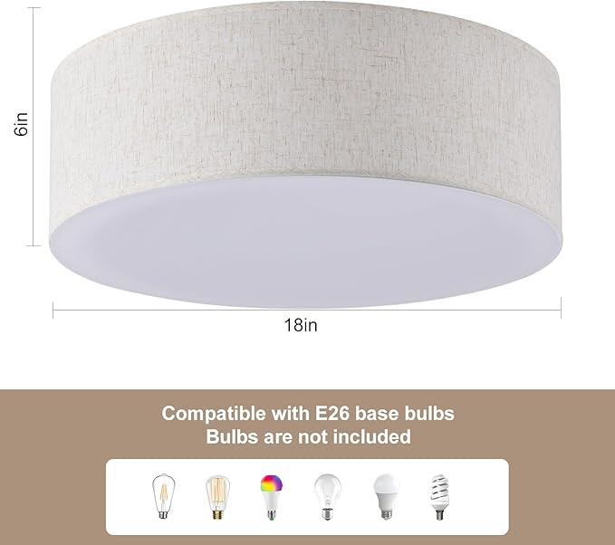 18'' Flush Mount Ceiling Light Modern Farmhouse Drum Ceiling Light Fixture with Linen Fabric Shade 3-Light Drum Ceiling Lighting Round Semi Flush Lighting for Bedroom Hallway Living Room Kitchen