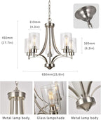 Brushed Nickel Chandelier Dining Room Light Fixture Kitchen Chandeliers Over Table Modern 5-Light Clear Glass Pendant Lighting Adjustable Chain Hanging for Foyer Bedroom Bathroom Hallway