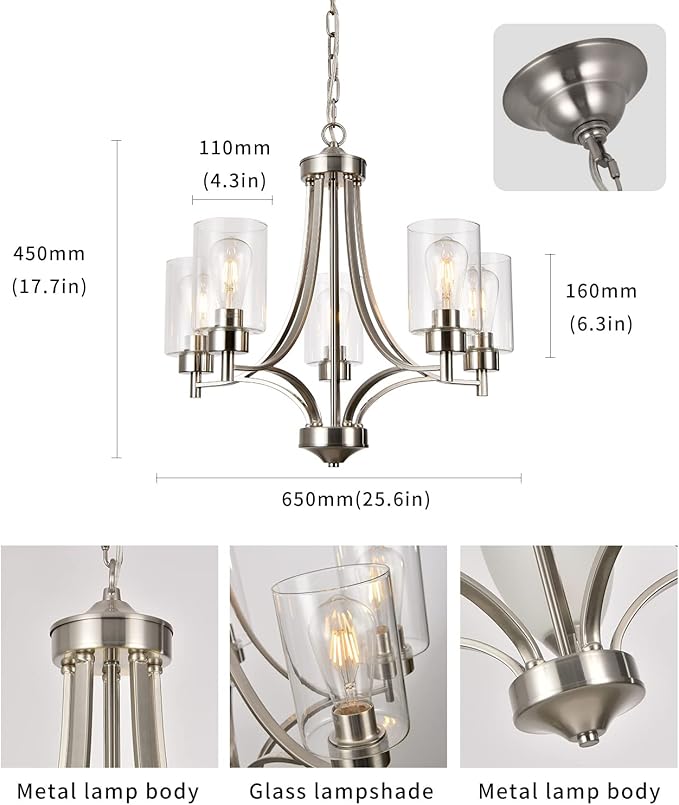 Brushed Nickel Chandelier Dining Room Light Fixture Kitchen Chandeliers Over Table Modern 5-Light Clear Glass Pendant Lighting Adjustable Chain Hanging for Foyer Bedroom Bathroom Hallway