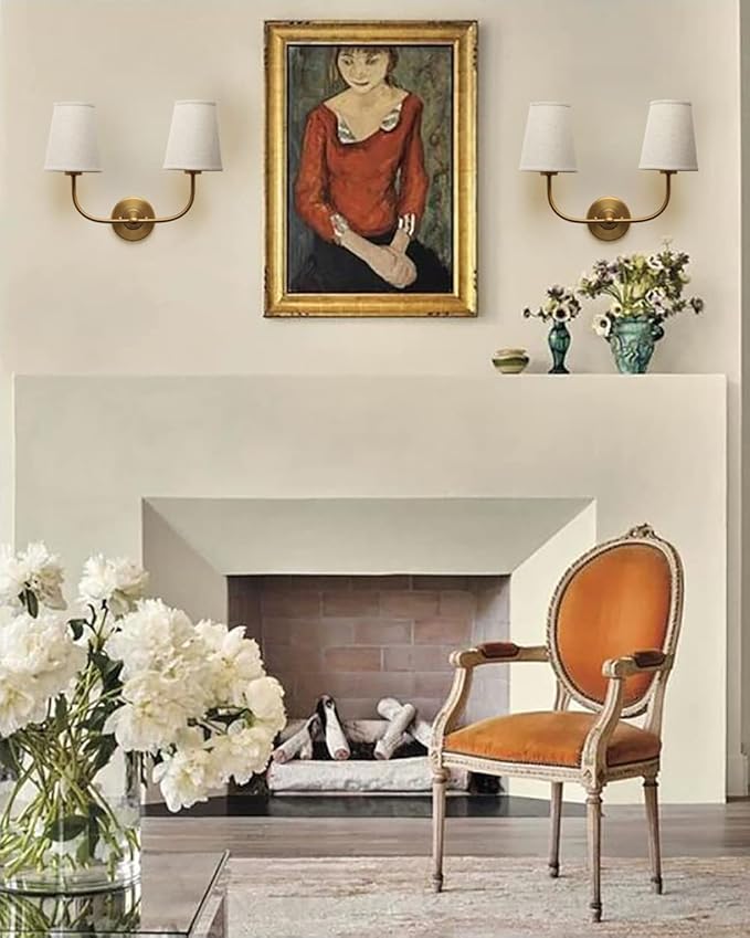 2-Lights Wall Sconces with Funnel Linen Fabric Shades, Double Light Wall Lamps for Bedroom Living Room Vanity Bathroom Hallway Stairway
