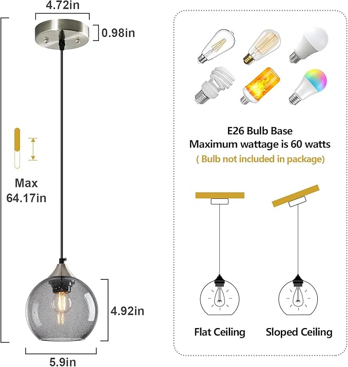 Light Grey Glass Pendant Lights Kitchen Island Globe Pendant Light Fixtures Modern Pendant Lighting for Bedroom Living Dining Room Light Fixture (5.9 in, 3 Pack)