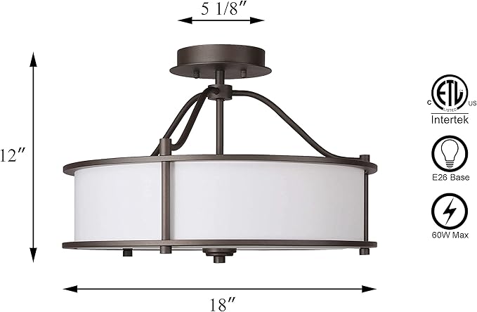 XiNBEi Lighting Semi Flush Mount Ceiling Light 18 Inch 3 Light Close to Ceiling Light with Fabric Shade and Frost Glass Diffuser in Dark Bronze Drum Semi Flush Light XB-SF1199-DB