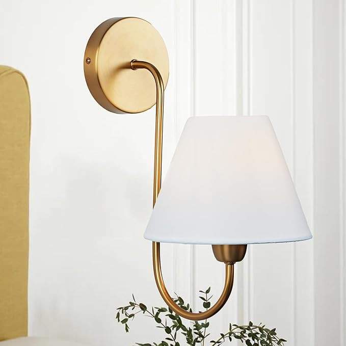 Vintage White Linen Shade Single Wall Sconce, Antique Brass Pole Retro Swoop Wall Sconce, Elegant Metal Light Fixture for Bedroom, Living Room,Beside The Mirror