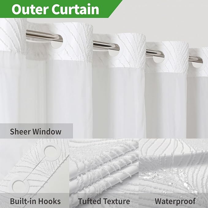 No Hook Shower Curtain and Liner Set,No Hook Tufted Striped Textured Shower Curtain with Snap in Liner Replacement and Waterproof Fabric,Boho Style with See Through Top Window,White,71Wx74H