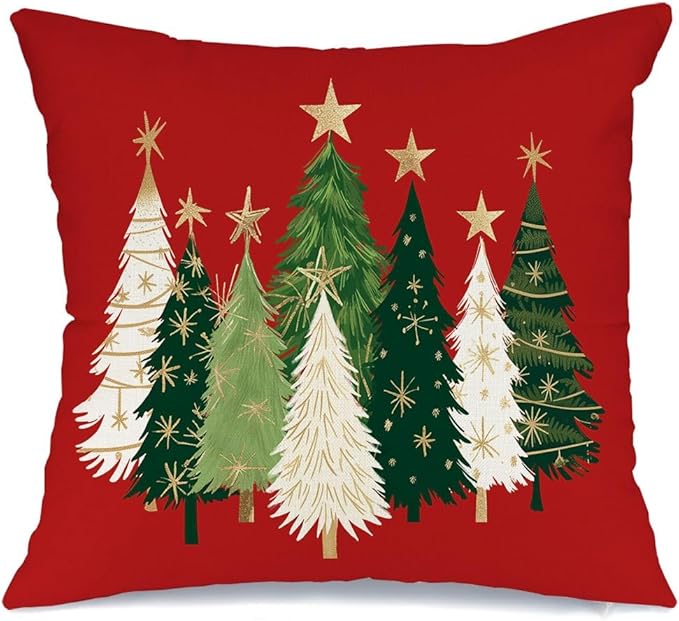 AACORS Christmas Pillow Cover 16X16 Inch Watercolor Christmas Tree Stars Decoration Holiday Farmhouse Winter Pillow Case for Sofa Couch Decor（Red） AA231-16
