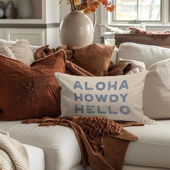 Blue Coastal Howdy Throw Pillow Cover 12x20, Dorm Decor, Granddaughter Preppy Coastal Decor, Trendy Retro Aloha Hello Coquette for Girls Room College Sofa Couch