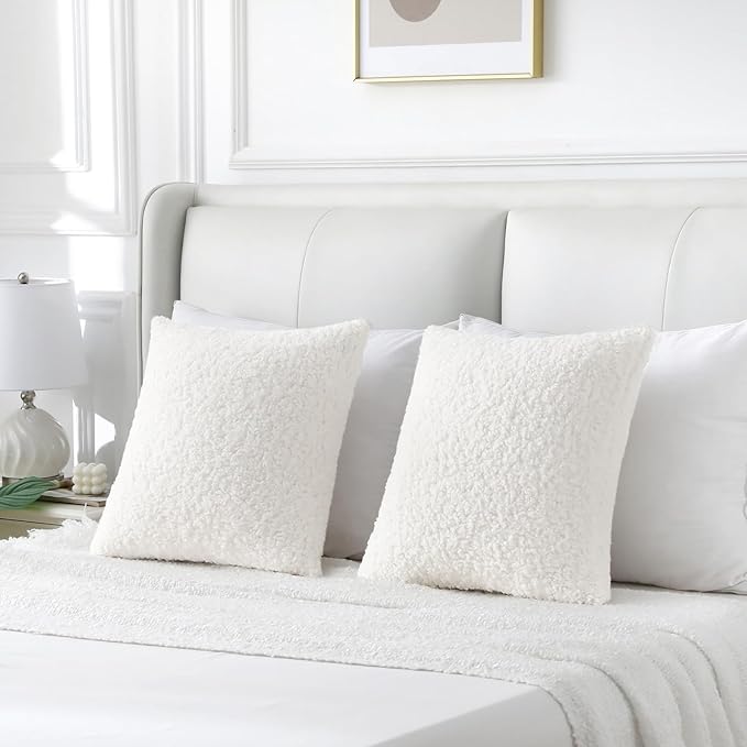FUTEI Cream White Throw Pillow Covers 24x24 Inch Set of 2,Furry Faux Fur Teddy Boucle Textured Cushion Covers,Soft Fluffy European Pillow Shams,Home Decor for Couch Bed Living Room Office Car