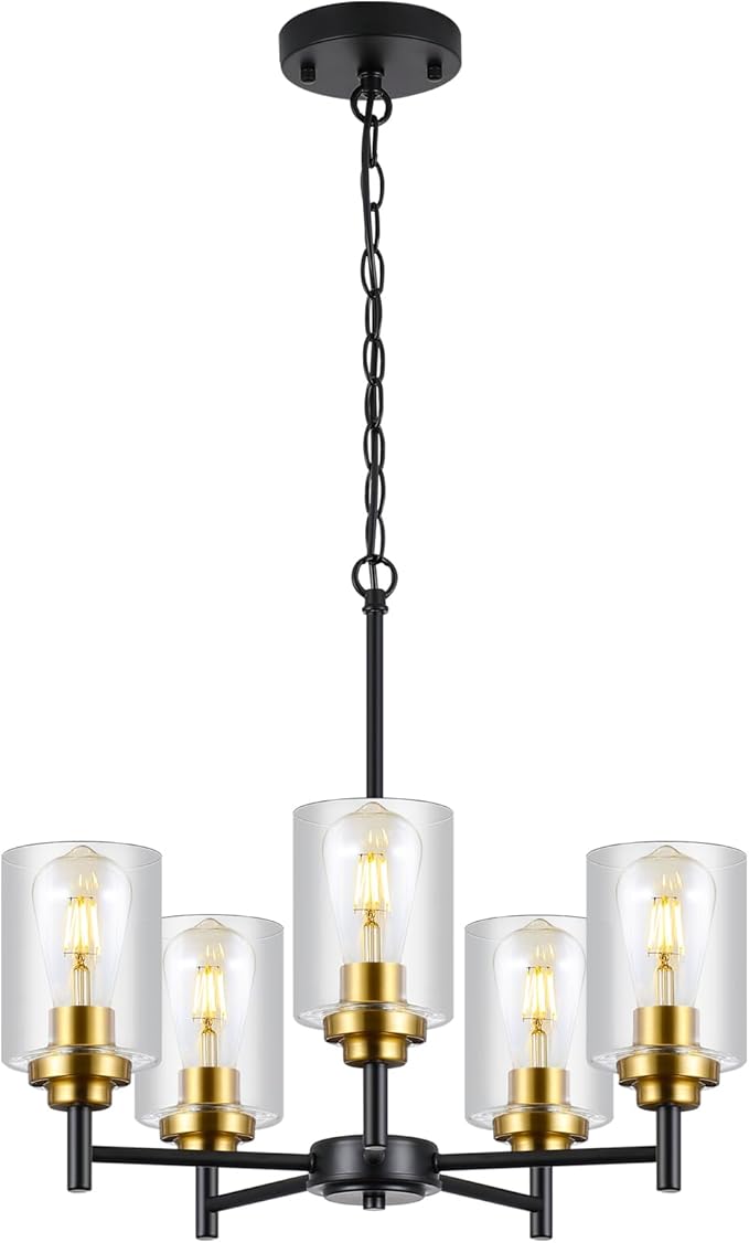 9MMML 5 Lights Glass Chandelier,Modern Kitchen Island Lighting Black and Gold Metal Dining Room Light Fixture for Living Room Foyer,E26