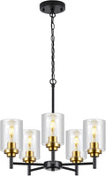 9MMML 5 Lights Glass Chandelier,Modern Kitchen Island Lighting Black and Gold Metal Dining Room Light Fixture for Living Room Foyer,E26