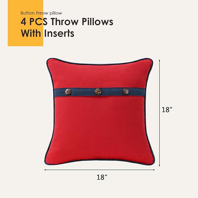 Outdoor Sunbrella Decorative Pillows with Triple Coconut Buttons Pack of 4, 18" x 18" Outdoor Pillow Set for Couch Bed Throw Patio Sofa, Canvas Logo Red/Specrtum Indigo
