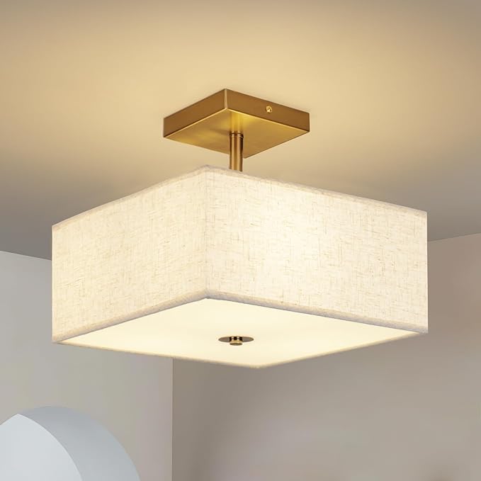 Modern Square Fabric Flush Mount Ceiling Light Fixture, Gold Brass Semi Flush Ceiling Lamp with Linen Shade, Rustic Lighting for Bedroom, Living Room, Dining Room, Hallway