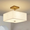 Modern Square Fabric Flush Mount Ceiling Light Fixture, Gold Brass Semi Flush Ceiling Lamp with Linen Shade, Rustic Lighting for Bedroom, Living Room, Dining Room, Hallway