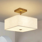 Modern Square Fabric Flush Mount Ceiling Light Fixture, Gold Brass Semi Flush Ceiling Lamp with Linen Shade, Rustic Lighting for Bedroom, Living Room, Dining Room, Hallway