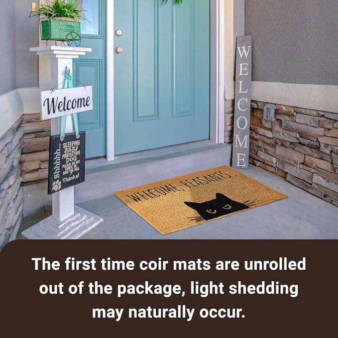 KANKUN Coco Coir Door Mat with Heavy Duty Backing, Welcome Doormat (17" x 30"), Doormat Entrance (Welcome Cat)