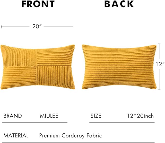 MIULEE Mustard Yellow Corduroy Pillow Covers Pack of 2 Boho Decorative Spliced Throw Pillow Covers Soft Solid Couch Pillowcases Cross Patchwork Textured Covers for Living Room Bed Sofa 12x20 inch