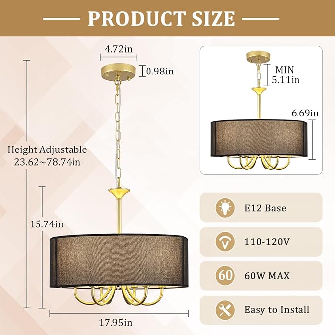Gold Drum Chandeliers for Dining Room, 6-Light Black Farmhouse Chandelier Linen Light Fixture, 18'' Brass Round Chandelier Hanging Pendant Light for Bedroom Living Room Kitchen Foyer