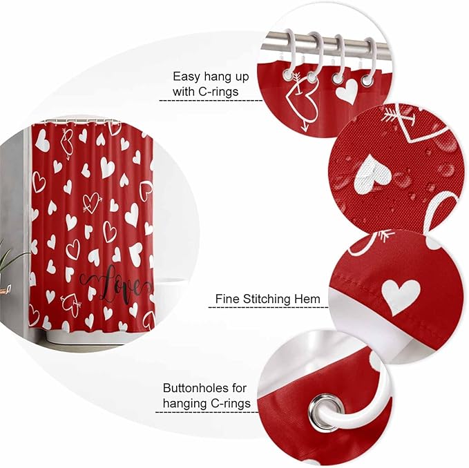 Vandarllin Red Shower Curtain, Love Heart Shower Curtains Set with Hooks, Waterproof Fabric Bathroom Curtains Decor Home Accessories, Stall Long 36 X 78 Inch