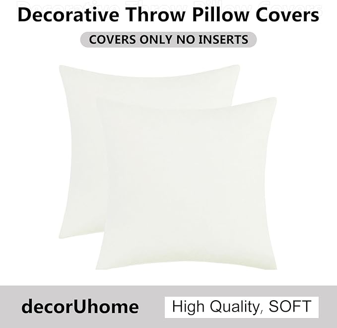 decorUhome Chenille Cream White Throw Pillow Covers 20x20 Inch Set of 2, Decorative Soft Couch Pillow Covers Solid Dyed Accent Velvet Farmhouse Neutral Square Pillow Cases for Sofa Bed Living Room
