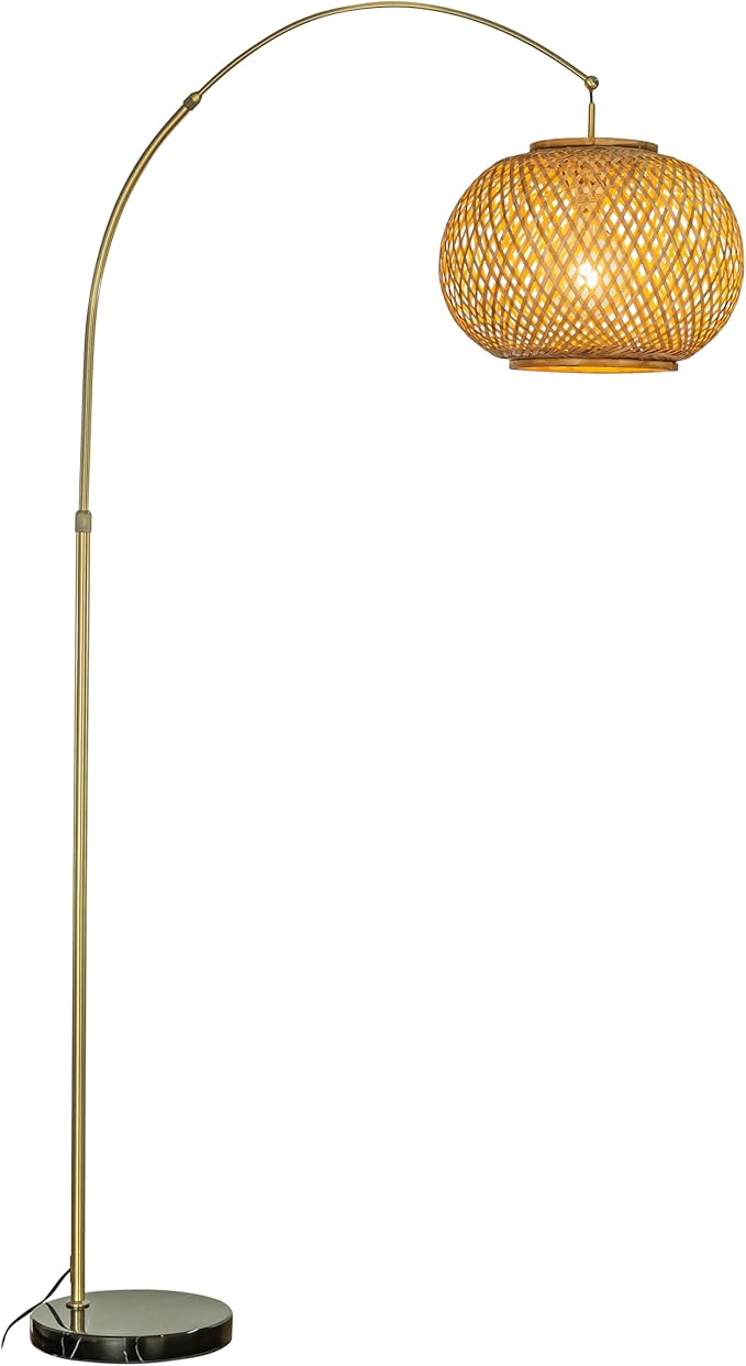 ALOADECOR 77" 1-Light Antique Bronze Arc Floor Lamp with Hand-Woven Bamboo Shade and Black Marble Base Farmhouse Rattan Floor Lamp for Living Room Dining Room Bedroom