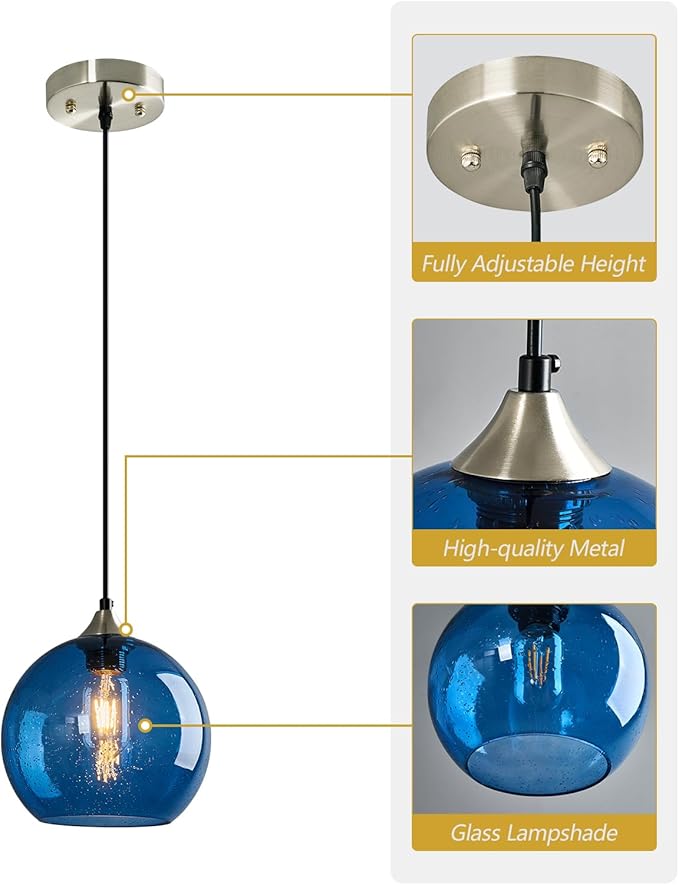 Blue Glass Pendant Lights Kitchen Island Lighting Globe Pendant Light Fixtures Modern Pendant Lighting for Kitchen Island Bedroom Living Dining Room Light Fixture(7.87in, 1-Pack)