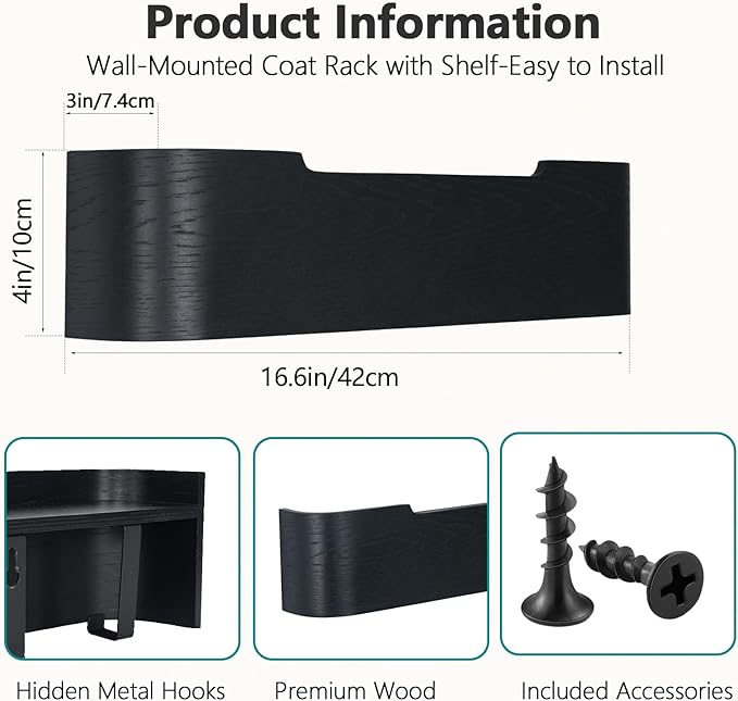 Coat Rack Wall Mount with Hidden Hooks Entryway Hanging Shelf Modern Wood Coat Hanger for Bedroom Kitchen Hallway Bathroom (Black,16.6 Inch Long)